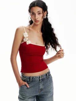 COMMENSE Tank Tops & Camis|Tops^Floral Contrast Trim Bodycon Cami Top Red