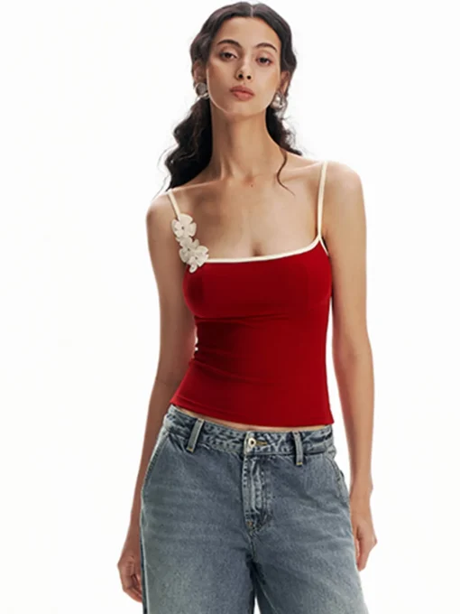 COMMENSE Tank Tops & Camis|Tops^Floral Contrast Trim Bodycon Cami Top Red