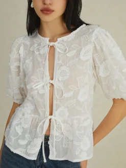 COMMENSE Blouses & Shirts|Tops^Floral Knotted Puff Sleeve Shirt White