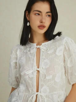 COMMENSE Blouses & Shirts|Tops^Floral Knotted Puff Sleeve Shirt White