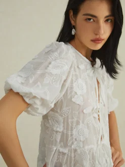 COMMENSE Blouses & Shirts|Tops^Floral Knotted Puff Sleeve Shirt White
