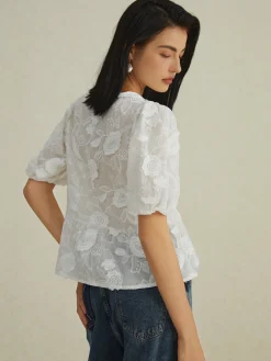 COMMENSE Blouses & Shirts|Tops^Floral Knotted Puff Sleeve Shirt White