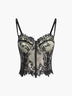 COMMENSE Corset Tops|Tops^Floral Lace Semi-sheer Corset Black