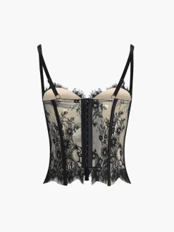 COMMENSE Corset Tops|Tops^Floral Lace Semi-sheer Corset Black