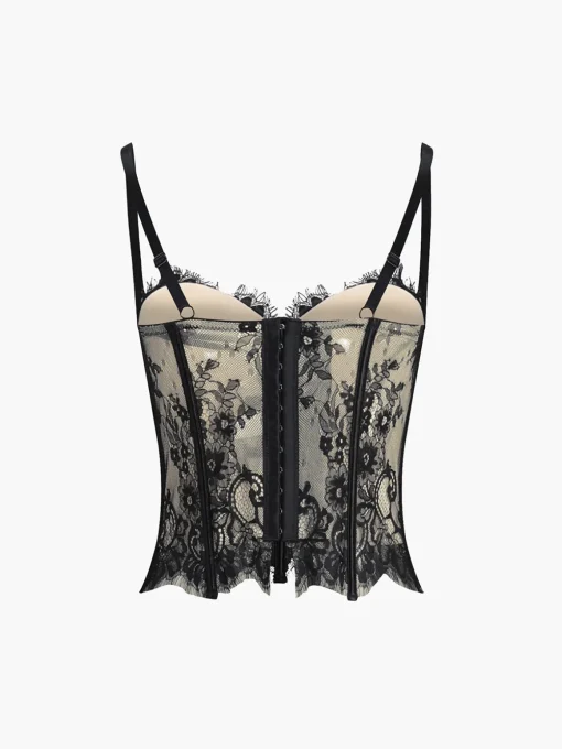 COMMENSE Corset Tops|Tops^Floral Lace Semi-sheer Corset Black