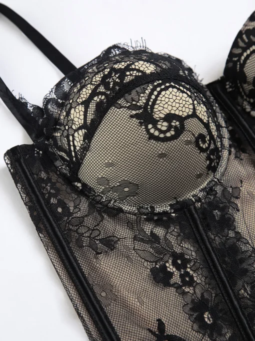 COMMENSE Corset Tops|Tops^Floral Lace Semi-sheer Corset Black