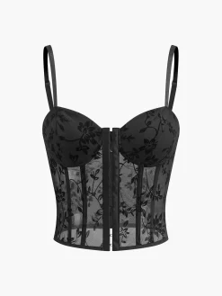COMMENSE Corset Tops|Tops^Floral Mesh Structured Corset Black