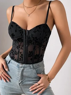COMMENSE Corset Tops|Tops^Floral Mesh Structured Corset Black