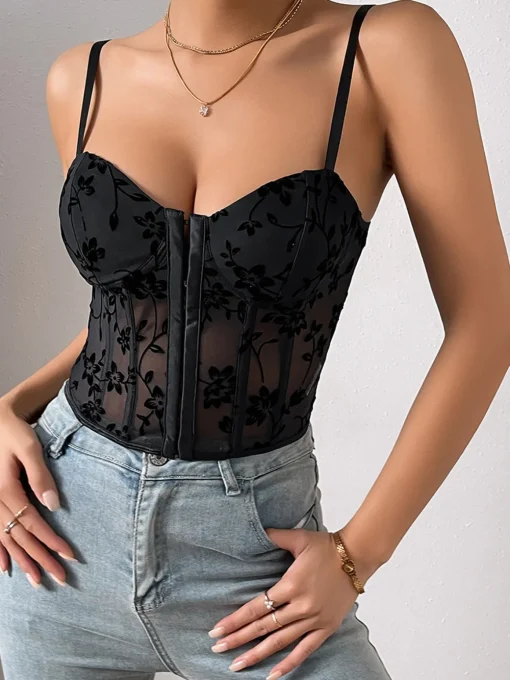 COMMENSE Corset Tops|Tops^Floral Mesh Structured Corset Black