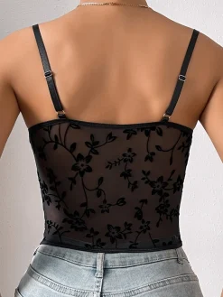 COMMENSE Corset Tops|Tops^Floral Mesh Structured Corset Black