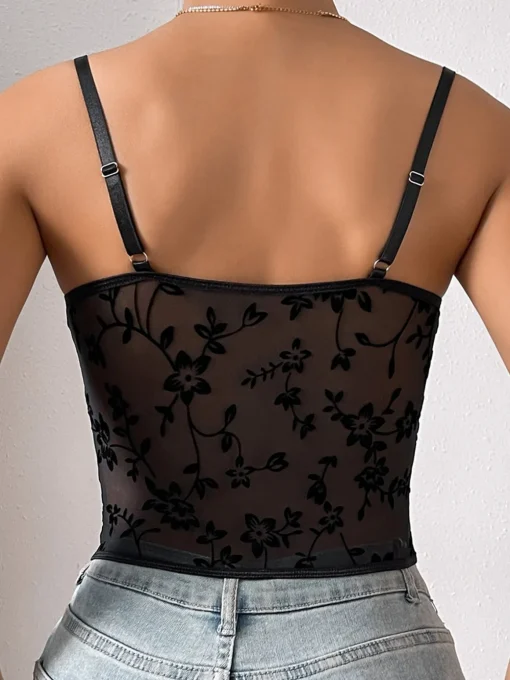 COMMENSE Corset Tops|Tops^Floral Mesh Structured Corset Black