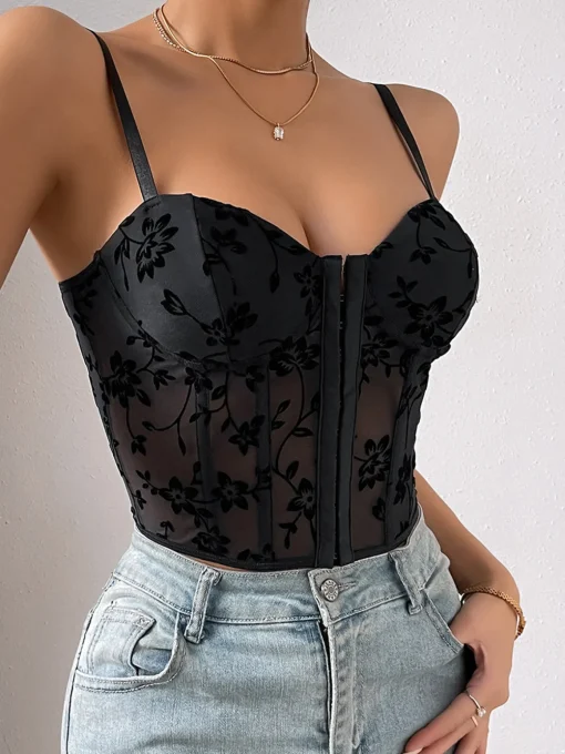 COMMENSE Corset Tops|Tops^Floral Mesh Structured Corset Black