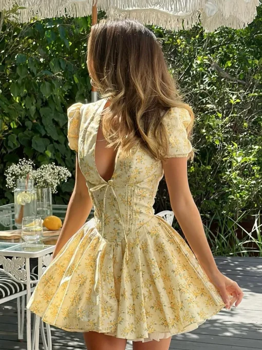 COMMENSE Dresses^Floral Print V-Neck Knotted Short Dress Yellow