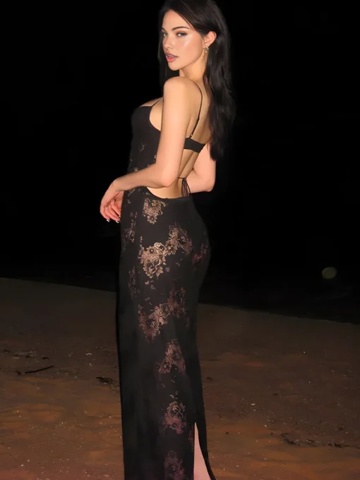 COMMENSE Black Dresses|Floral Dresses^Floral Semi-Sheer Cami Long Dress Black
