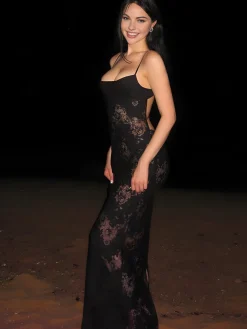 COMMENSE Black Dresses|Floral Dresses^Floral Semi-Sheer Cami Long Dress Black
