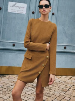 COMMENSE Casual Dresses|Floral Dresses^Floral-Detail Faux Leather Slim Dress Brown