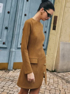 COMMENSE Casual Dresses|Floral Dresses^Floral-Detail Faux Leather Slim Dress Brown