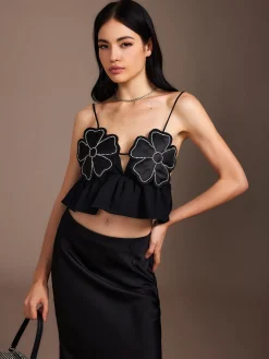 COMMENSE Tank Tops & Camis|Tops^Flower Backless Ruffle Cami Top Black