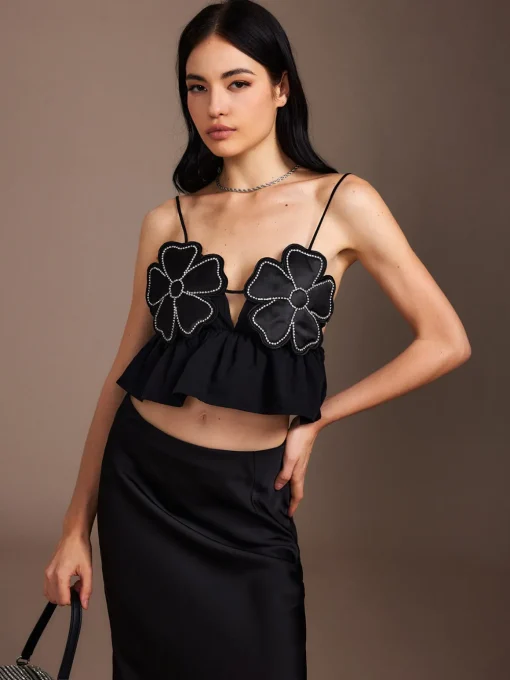 COMMENSE Tank Tops & Camis|Tops^Flower Backless Ruffle Cami Top Black