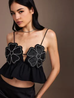 COMMENSE Tank Tops & Camis|Tops^Flower Backless Ruffle Cami Top Black