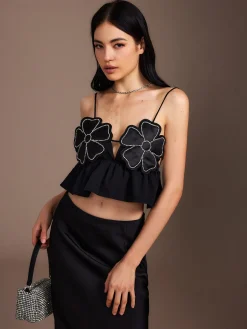 COMMENSE Tank Tops & Camis|Tops^Flower Backless Ruffle Cami Top Black
