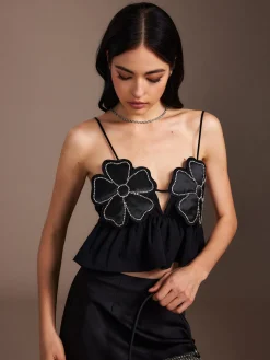 COMMENSE Tank Tops & Camis|Tops^Flower Backless Ruffle Cami Top Black