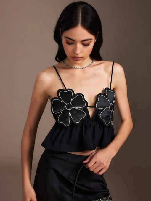 COMMENSE Tank Tops & Camis|Tops^Flower Backless Ruffle Cami Top Black