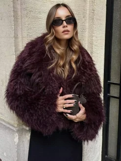 COMMENSE Outerwear|Coats^Fuzzy Faux Fur Short Coat Burgundy