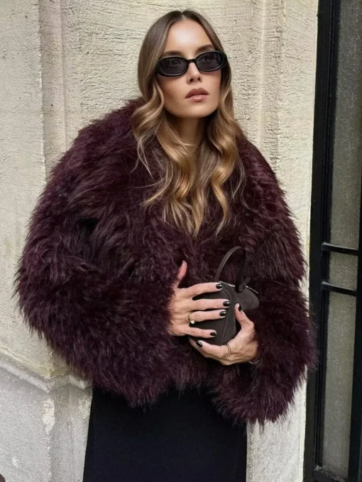 COMMENSE Outerwear|Coats^Fuzzy Faux Fur Short Coat Burgundy