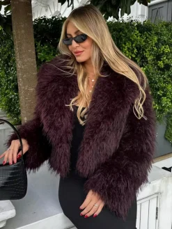 COMMENSE Outerwear|Coats^Fuzzy Faux Fur Short Coat Burgundy