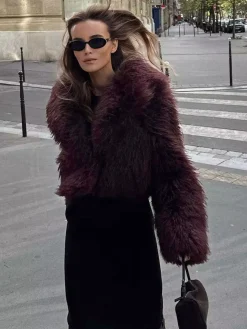 COMMENSE Outerwear|Coats^Fuzzy Faux Fur Short Coat Burgundy