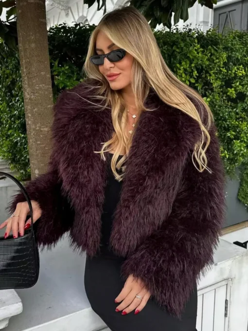 COMMENSE Outerwear|Coats^Fuzzy Faux Fur Short Coat Burgundy