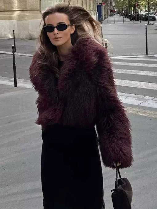 COMMENSE Outerwear|Coats^Fuzzy Faux Fur Short Coat Burgundy