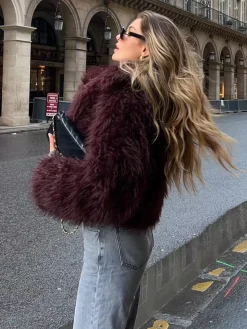 COMMENSE Outerwear|Coats^Fuzzy Faux Fur Short Coat Burgundy