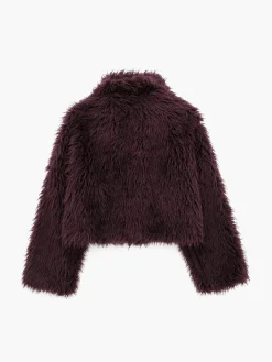 COMMENSE Outerwear|Coats^Fuzzy Faux Fur Short Coat Burgundy