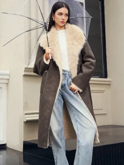 COMMENSE Outerwear|Coats^Fuzzy Lined Faux Leather Winter Coat DarkBrown