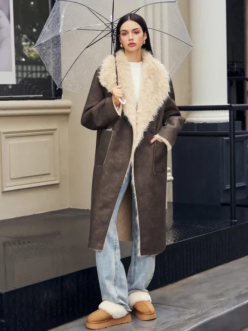 COMMENSE Outerwear|Coats^Fuzzy Lined Faux Leather Winter Coat DarkBrown