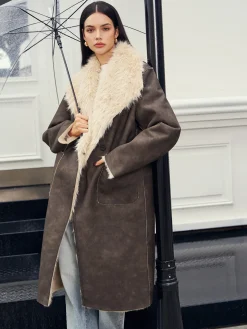 COMMENSE Outerwear|Coats^Fuzzy Lined Faux Leather Winter Coat DarkBrown