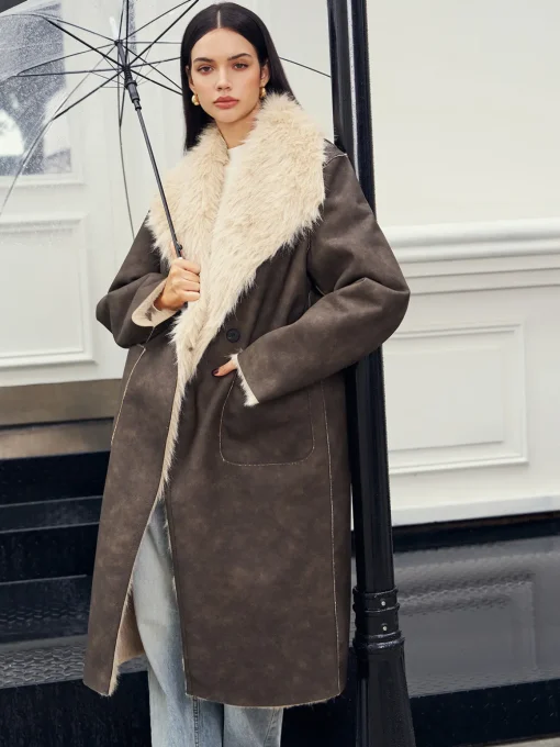 COMMENSE Outerwear|Coats^Fuzzy Lined Faux Leather Winter Coat DarkBrown