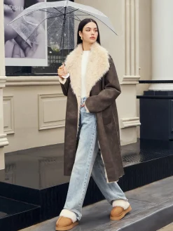 COMMENSE Outerwear|Coats^Fuzzy Lined Faux Leather Winter Coat DarkBrown