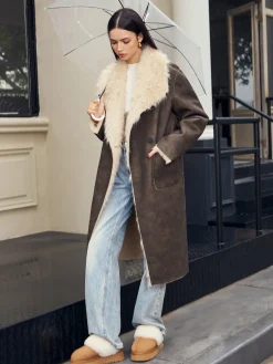 COMMENSE Outerwear|Coats^Fuzzy Lined Faux Leather Winter Coat DarkBrown
