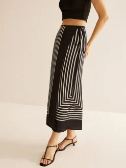 COMMENSE Skirts|Matching Sets^Geometric Pinstripe Satin Wrap Tie Skirt Black