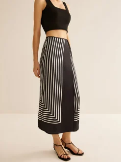 COMMENSE Skirts|Matching Sets^Geometric Pinstripe Satin Wrap Tie Skirt Black