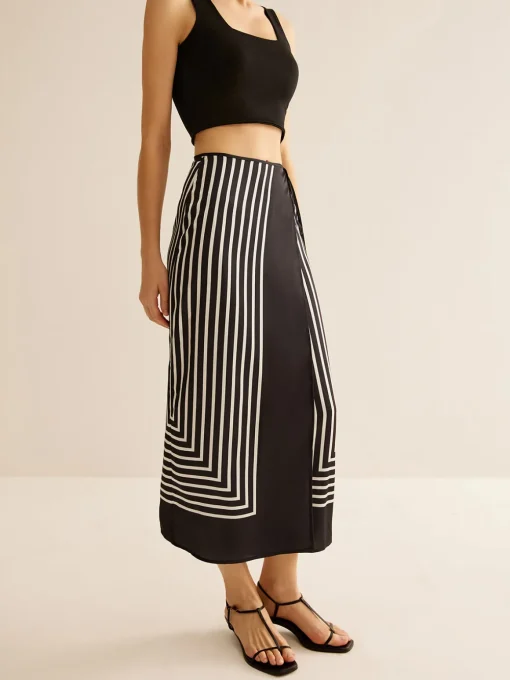 COMMENSE Skirts|Matching Sets^Geometric Pinstripe Satin Wrap Tie Skirt Black