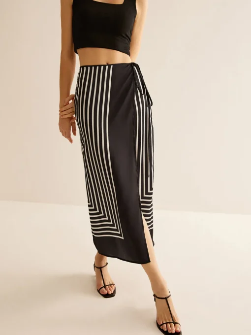 COMMENSE Skirts|Matching Sets^Geometric Pinstripe Satin Wrap Tie Skirt Black