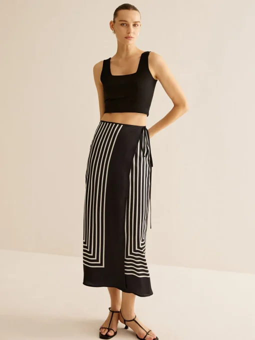 COMMENSE Skirts|Matching Sets^Geometric Pinstripe Satin Wrap Tie Skirt Black