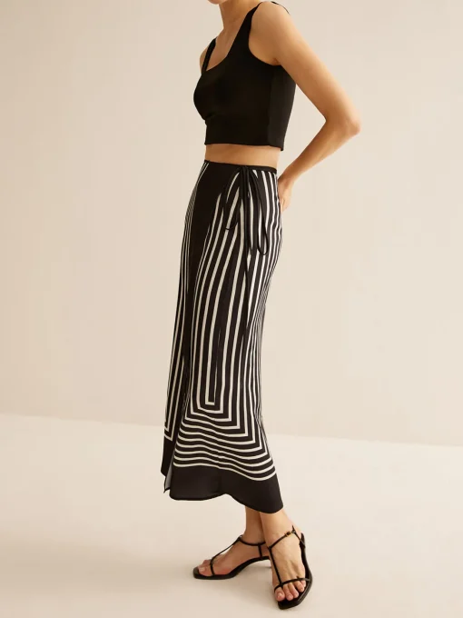 COMMENSE Skirts|Matching Sets^Geometric Pinstripe Satin Wrap Tie Skirt Black