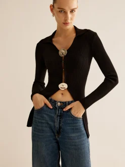 COMMENSE Cardigans|Sweaters & Cardigans^Glossy-Ring  Ribbed Slim Cardigan Black