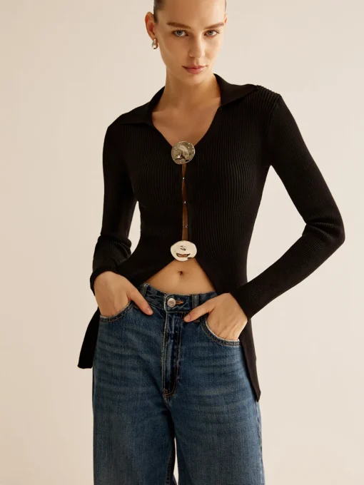 COMMENSE Cardigans|Sweaters & Cardigans^Glossy-Ring  Ribbed Slim Cardigan Black