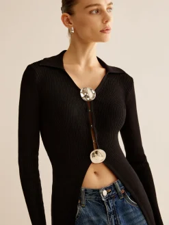 COMMENSE Cardigans|Sweaters & Cardigans^Glossy-Ring  Ribbed Slim Cardigan Black